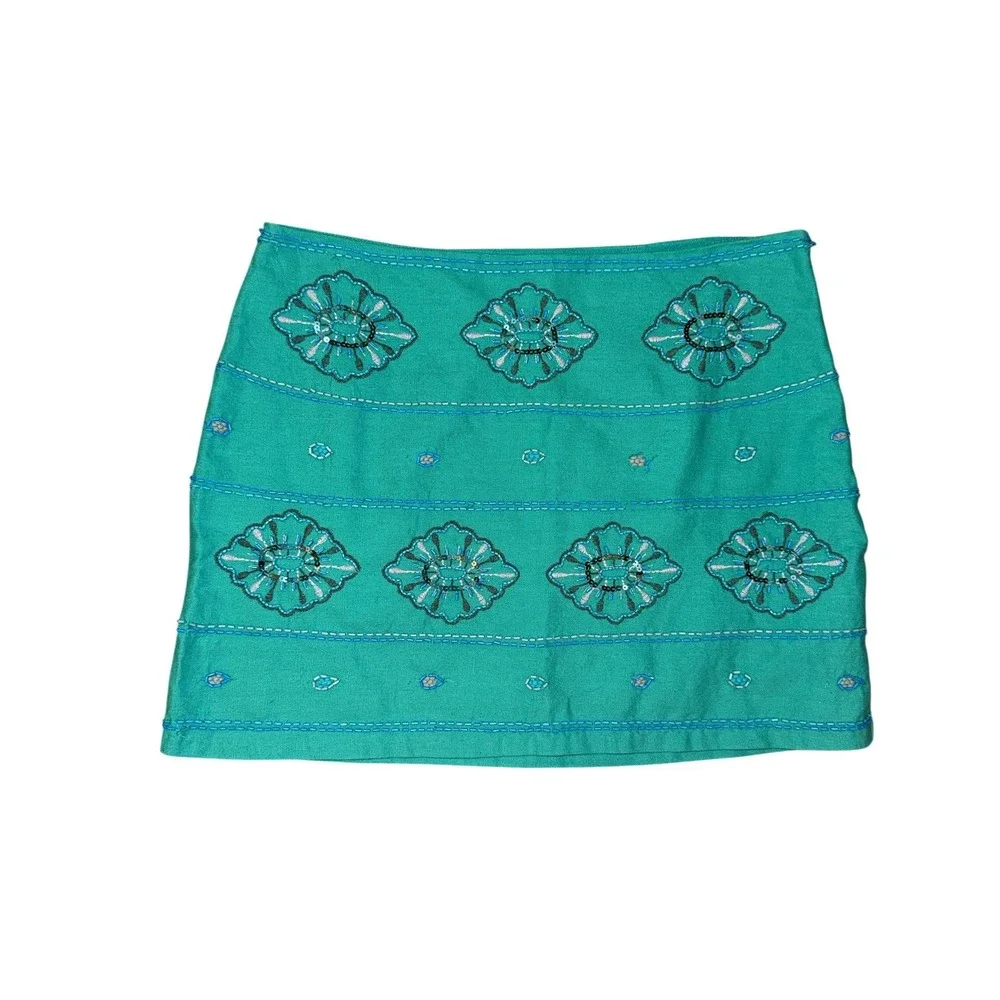 Zara Mini Skirt Womens‎ Medium Teal Green NEW Beaded Embroidered Floral Boho